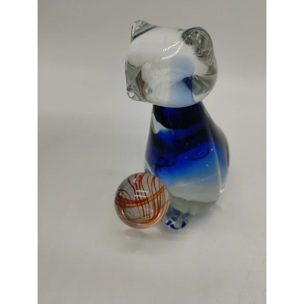 Art Glass Cat Kitten Figurine Paperweight Clear w/ Cobalt Blue Orange Ball Yarn